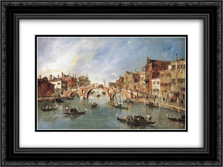 The Three Arched Bridge at Cannaregio 24x18 Black Ornate Wood Framed Art Print Poster with Double Matting by Guardi, Francesco