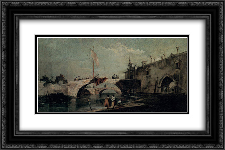 Town with a Bridge 24x16 Black Ornate Wood Framed Art Print Poster with Double Matting by Guardi, Francesco