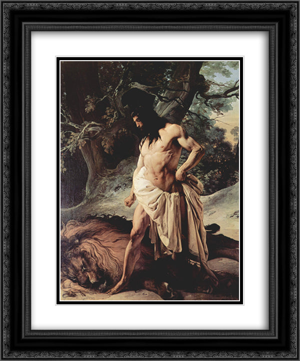 Samson Slays the Lion 20x24 Black Ornate Wood Framed Art Print Poster with Double Matting by Hayez, Francesco