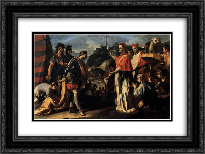 The Meeting of Pope Leo and Attila 24x18 Black Ornate Wood Framed Art Print Poster with Double Matting by Solimena, Francesco