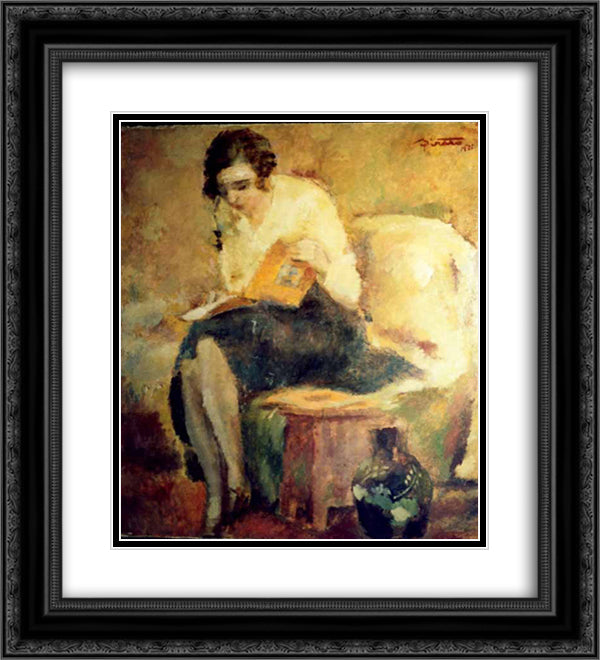 Woman Reading 20x22 Black Ornate Wood Framed Art Print Poster with Double Matting by Sirato, Francisc