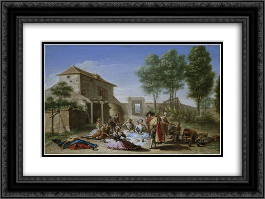 Merienda en el campo 24x18 Black Ornate Wood Framed Art Print Poster with Double Matting by Bayeu y Subias, Francisco