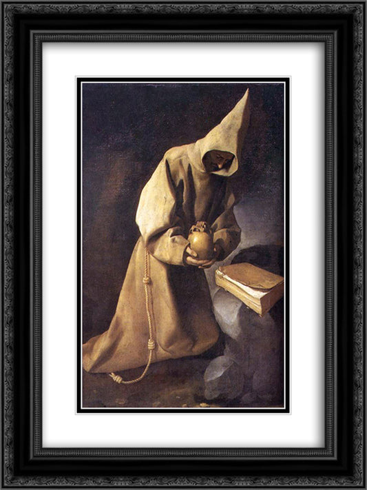 Meditation of St. Francis 18x24 Black Ornate Wood Framed Art Print Poster with Double Matting by Zurbaran, Francisco de