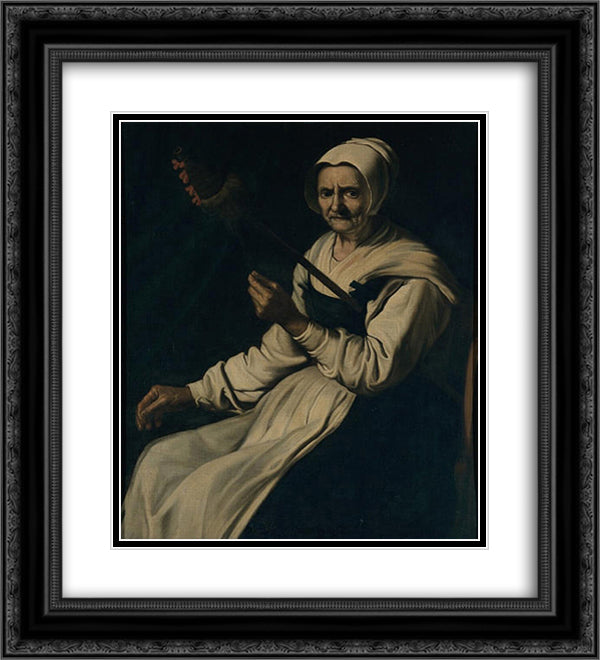 Old woman spinning 20x22 Black Ornate Wood Framed Art Print Poster with Double Matting by Zurbaran, Francisco de