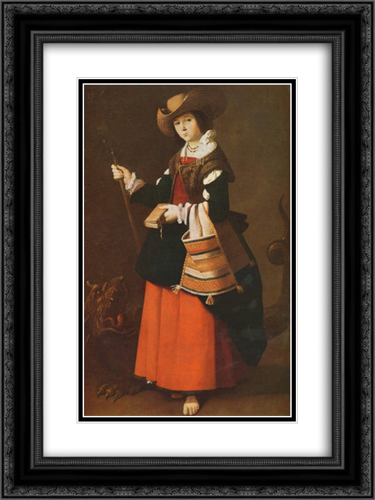 Saint Margaret, dressed as a shepherdess 18x24 Black Ornate Wood Framed Art Print Poster with Double Matting by Zurbaran, Francisco de