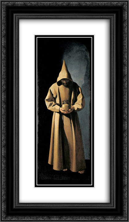 St. Francis Contemplating a Skull 14x24 Black Ornate Wood Framed Art Print Poster with Double Matting by Zurbaran, Francisco de