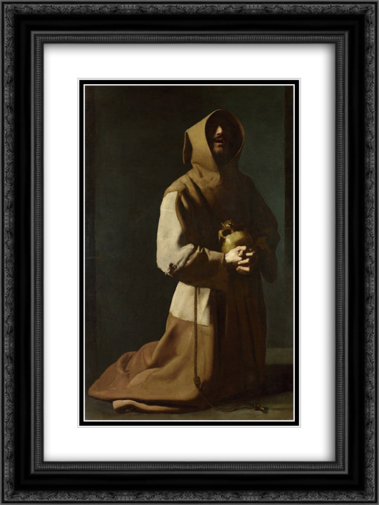 St. Francis Kneeling 18x24 Black Ornate Wood Framed Art Print Poster with Double Matting by Zurbaran, Francisco de