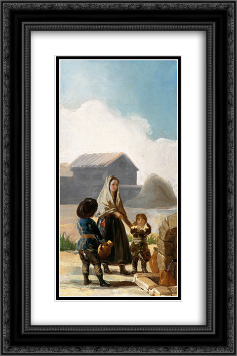 A woman and two children by a fountain 16x24 Black Ornate Wood Framed Art Print Poster with Double Matting by Goya, Francisco