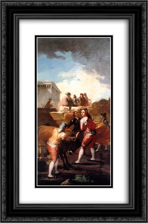 Fight with a young bull 16x24 Black Ornate Wood Framed Art Print Poster with Double Matting by Goya, Francisco