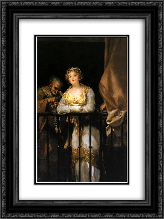 Maja and Celestina on a Balcony 18x24 Black Ornate Wood Framed Art Print Poster with Double Matting by Goya, Francisco