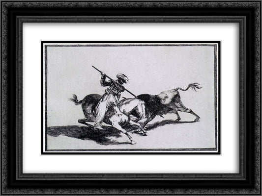 The Morisco Gazul is the First to Fight Bulls with a Lance 24x18 Black Ornate Wood Framed Art Print Poster with Double Matting by Goya, Francisco
