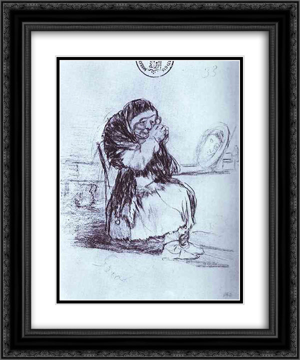 The Old Woman with a Mirror 20x24 Black Ornate Wood Framed Art Print Poster with Double Matting by Goya, Francisco