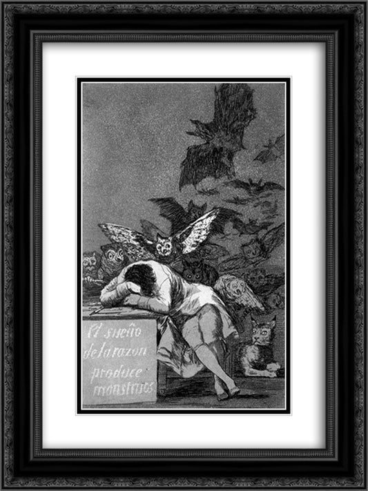 The sleep of reason produces monsters 18x24 Black Ornate Wood Framed Art Print Poster with Double Matting by Goya, Francisco