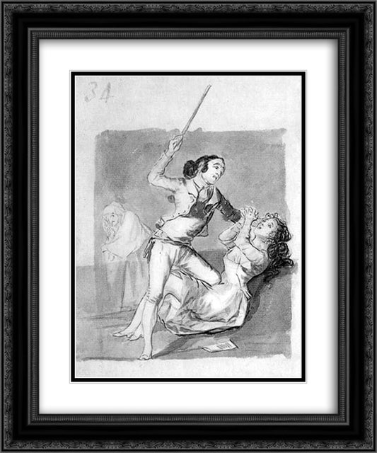Woman battered with a cane 20x24 Black Ornate Wood Framed Art Print Poster with Double Matting by Goya, Francisco