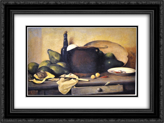 Bodegon con aguacates y utensilios 24x18 Black Ornate Wood Framed Art Print Poster with Double Matting by Oller, Francisco