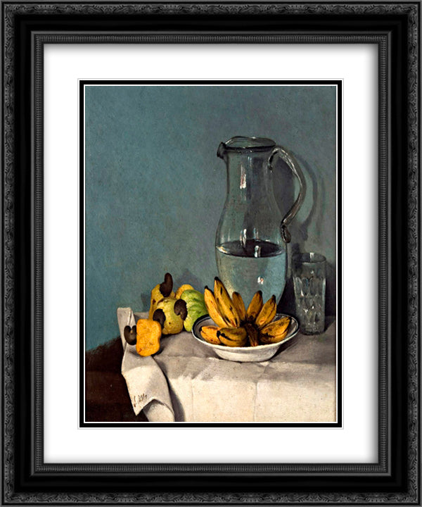 Still life with bananas, jar and cashews 1870 20x24 Black Ornate Wood Framed Art Print Poster with Double Matting by Oller, Francisco