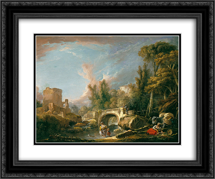 River Landscape with Ruin and Bridge 24x20 Black Ornate Wood Framed Art Print Poster with Double Matting by Boucher, Francois