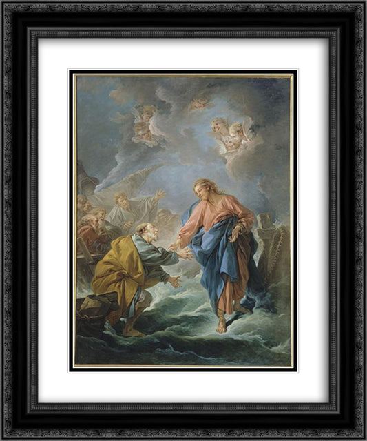 St. Peter Invited to Walk on the Water 20x24 Black Ornate Wood Framed Art Print Poster with Double Matting by Boucher, Francois