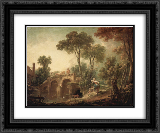 The Bridge 24x20 Black Ornate Wood Framed Art Print Poster with Double Matting by Boucher, Francois