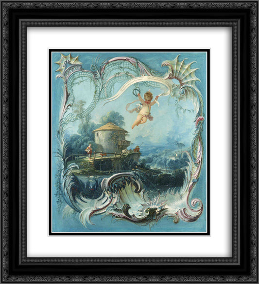 The Enchanted Home A Pastoral Landscape Surmounted by Cupid 20x22 Black Ornate Wood Framed Art Print Poster with Double Matting by Boucher, Francois