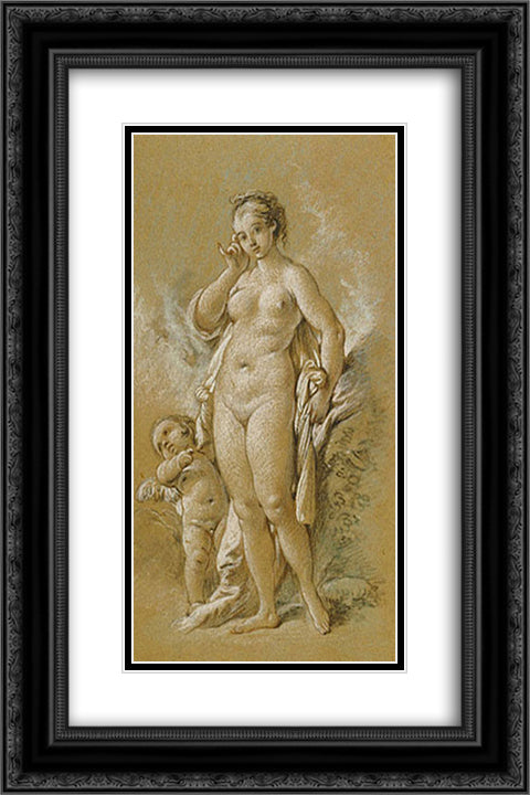 Venus and Cupid 16x24 Black Ornate Wood Framed Art Print Poster with Double Matting by Boucher, Francois