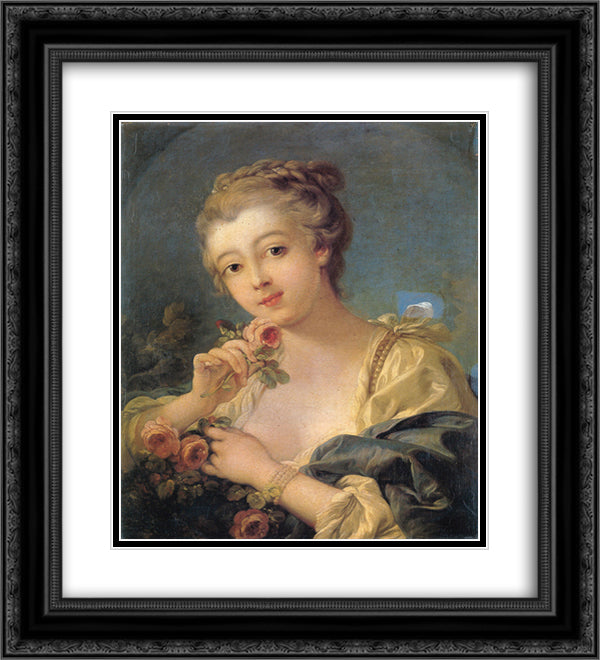 Young Woman with a Bouquet of Roses 20x22 Black Ornate Wood Framed Art Print Poster with Double Matting by Boucher, Francois