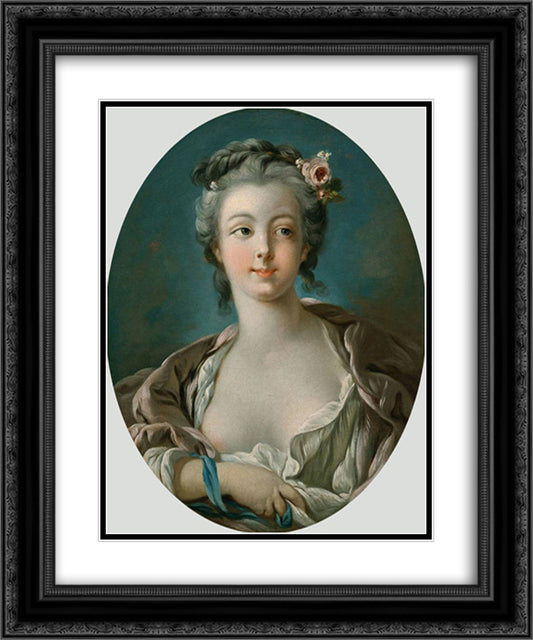 Young Woman with Flowers in Her Hair wrongly called Portrait of Madame Boucher 20x24 Black Ornate Wood Framed Art Print Poster with Double Matting by Boucher, Francois