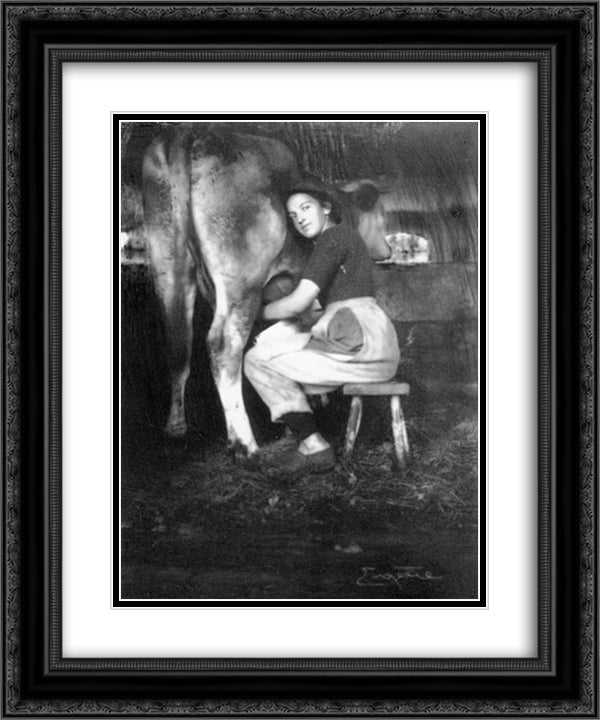 Woman Milking Cow 20x24 Black Ornate Wood Framed Art Print Poster with Double Matting by Eugene, Frank