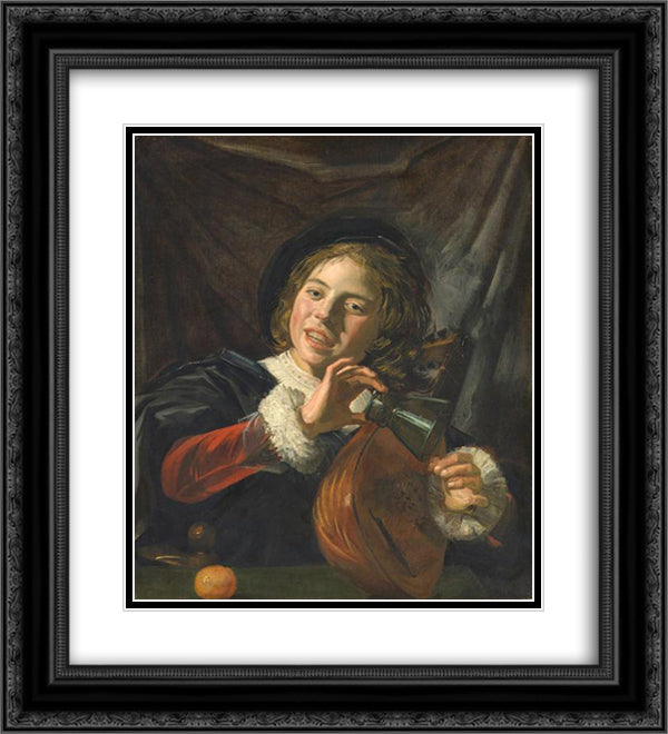 Boy with a Lute 20x22 Black Ornate Wood Framed Art Print Poster with Double Matting by Hals, Frans