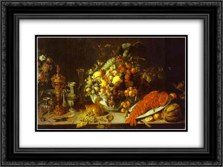 A Banquet Piece 24x18 Black Ornate Wood Framed Art Print Poster with Double Matting by Snyders, Frans