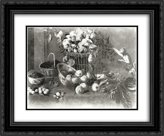 A Monkey Among Fruit 24x20 Black Ornate Wood Framed Art Print Poster with Double Matting by Snyders, Frans