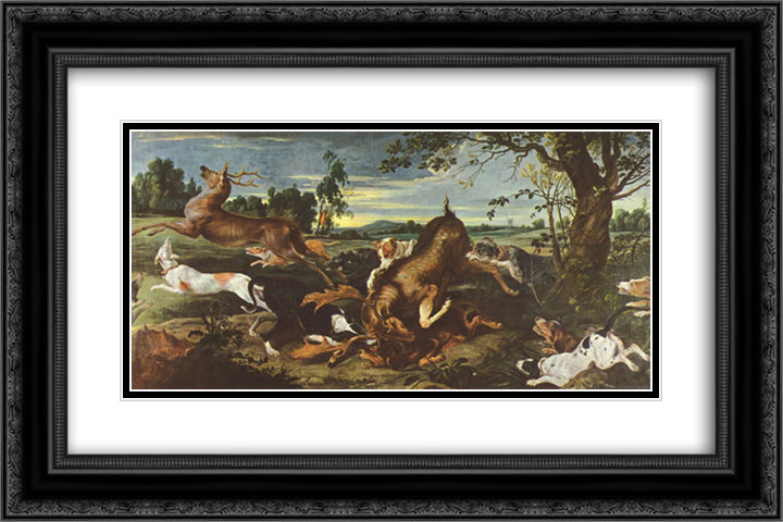 Deer hunting 24x16 Black Ornate Wood Framed Art Print Poster with Double Matting by Snyders, Frans