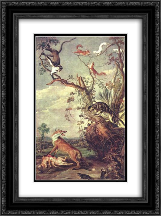 Fox and cat 18x24 Black Ornate Wood Framed Art Print Poster with Double Matting by Snyders, Frans