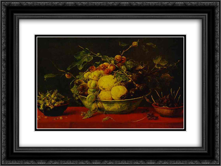 Fruits in a Bowl on a Red Tablecloth 24x18 Black Ornate Wood Framed Art Print Poster with Double Matting by Snyders, Frans