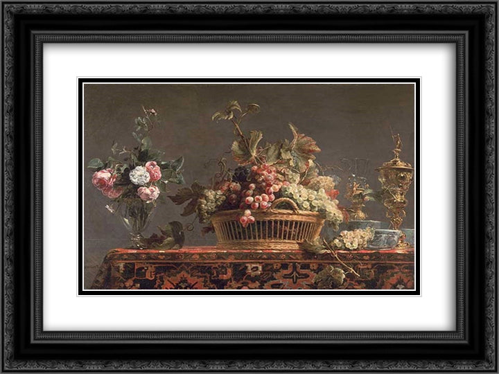 Grapes in a basket and roses in a vase 24x18 Black Ornate Wood Framed Art Print Poster with Double Matting by Snyders, Frans