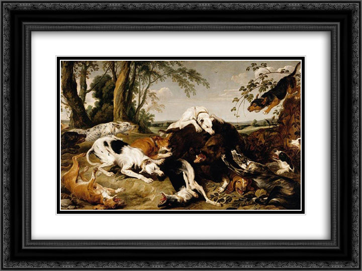 Hounds Bringing down a Boar 24x18 Black Ornate Wood Framed Art Print Poster with Double Matting by Snyders, Frans
