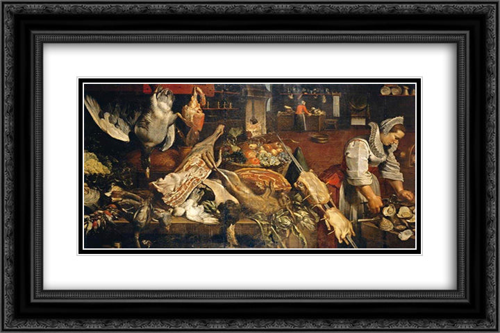 Kitchen Still Life 24x16 Black Ornate Wood Framed Art Print Poster with Double Matting by Snyders, Frans