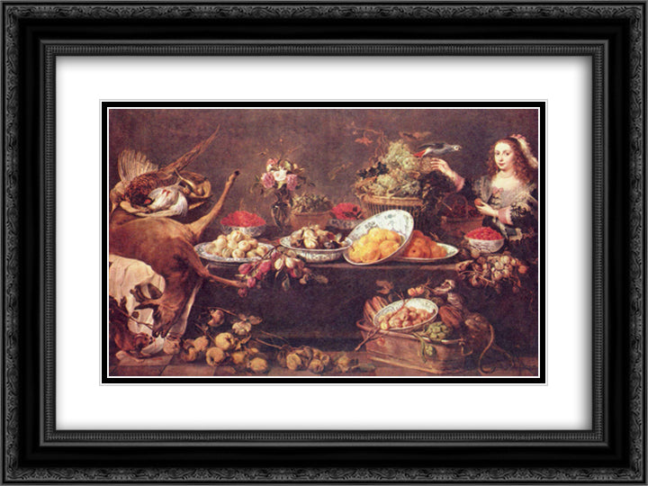 Large still life with a lady and parrot 24x18 Black Ornate Wood Framed Art Print Poster with Double Matting by Snyders, Frans
