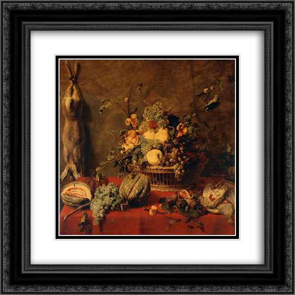 Still Life of Fruit in a Basket 20x20 Black Ornate Wood Framed Art Print Poster with Double Matting by Snyders, Frans