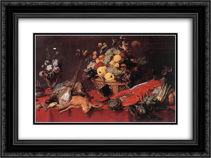 Still Life With A Basket Of Fruit 24x18 Black Ornate Wood Framed Art Print Poster with Double Matting by Snyders, Frans