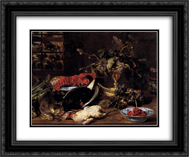 Still Life with Crab, Poultry, and Fruit 24x20 Black Ornate Wood Framed Art Print Poster with Double Matting by Snyders, Frans