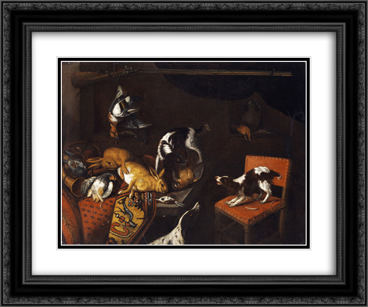 Still Life with dead hares and birds, armchair, hounds, hunting gun 24x20 Black Ornate Wood Framed Art Print Poster with Double Matting by Snyders, Frans