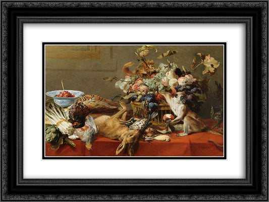 Still Life with Fruit, Dead Game, Vegetables, a Live Monkey, Squirrel and Cat 24x18 Black Ornate Wood Framed Art Print Poster with Double Matting by Snyders, Frans