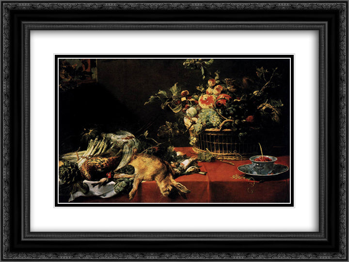 Still Life with Fruit Basket and Game 24x18 Black Ornate Wood Framed Art Print Poster with Double Matting by Snyders, Frans