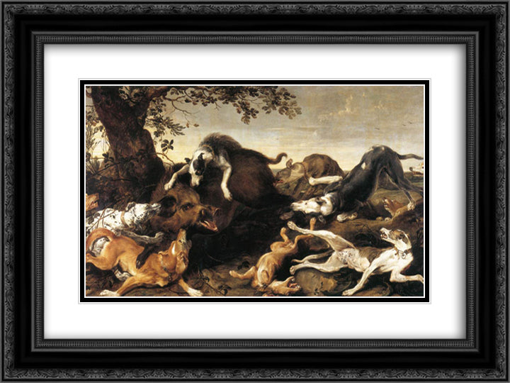 Wild Boar Hunt 24x18 Black Ornate Wood Framed Art Print Poster with Double Matting by Snyders, Frans