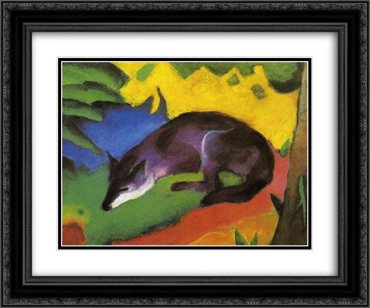 Blue Fox 24x20 Black Ornate Wood Framed Art Print Poster with Double Matting by Marc, Franz