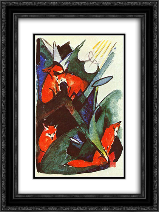 Four foxes 18x24 Black Ornate Wood Framed Art Print Poster with Double Matting by Marc, Franz