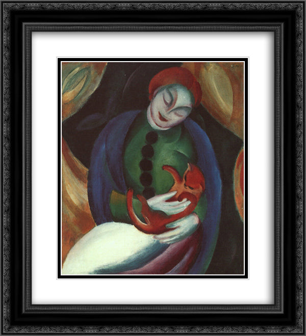 Girl with Cat II 20x22 Black Ornate Wood Framed Art Print Poster with Double Matting by Marc, Franz