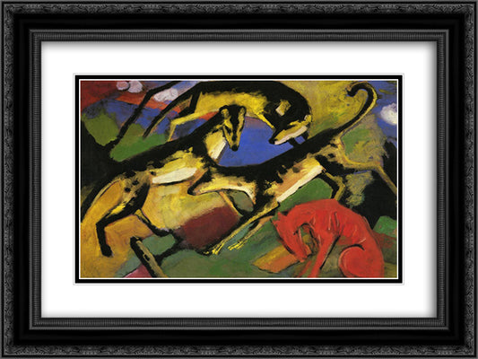 Playing Dogs 24x18 Black Ornate Wood Framed Art Print Poster with Double Matting by Marc, Franz