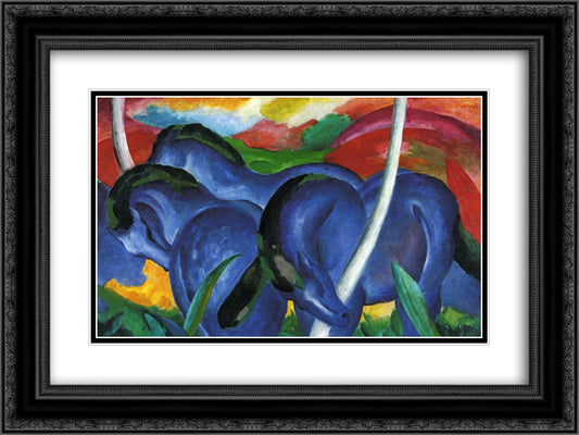 The Large Blue Horses 24x18 Black Ornate Wood Framed Art Print Poster with Double Matting by Marc, Franz